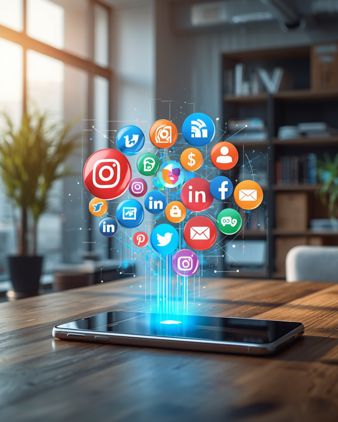 Smartphone surrounded by social media platform icons, representing multi-channel social media management